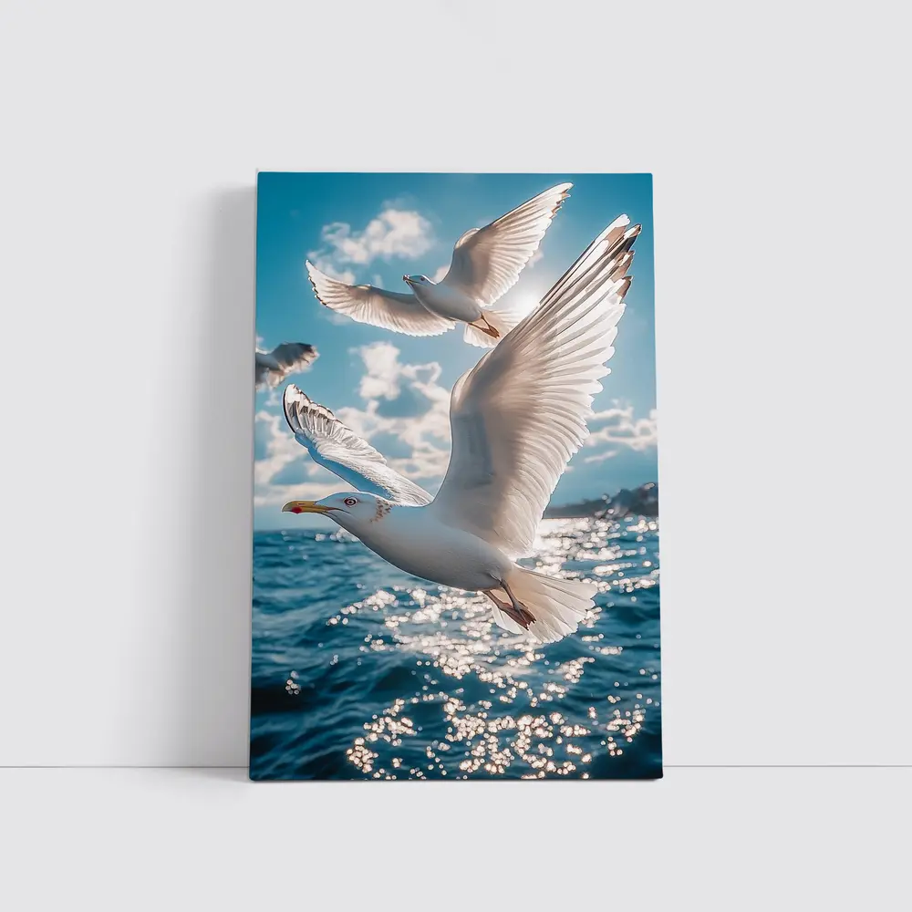 Seagulls Flying Over Sparkling Blue Ocean – Wall Art
