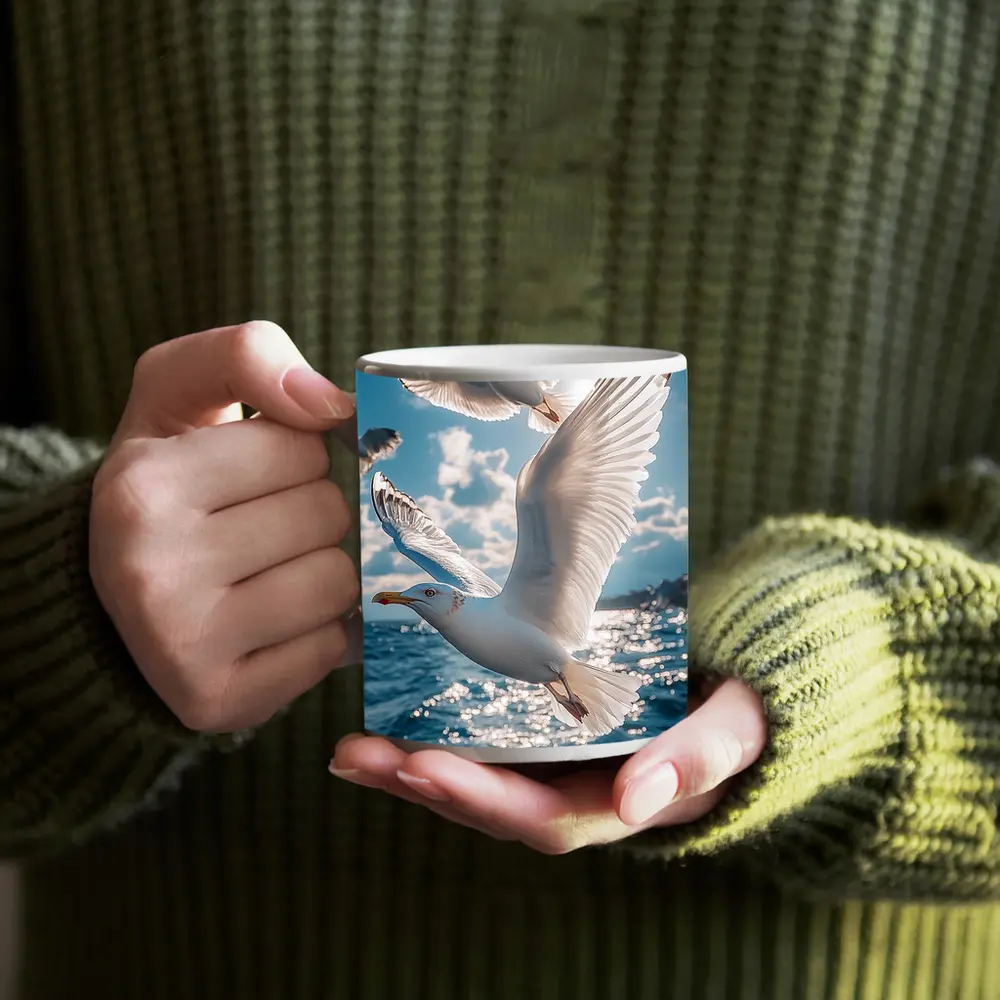 Seagulls Flying Over Sparkling Blue Ocean – Mugs