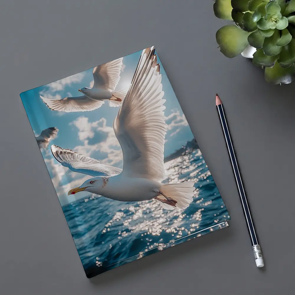 Seagulls Flying Over Sparkling Blue Ocean – Notebooks