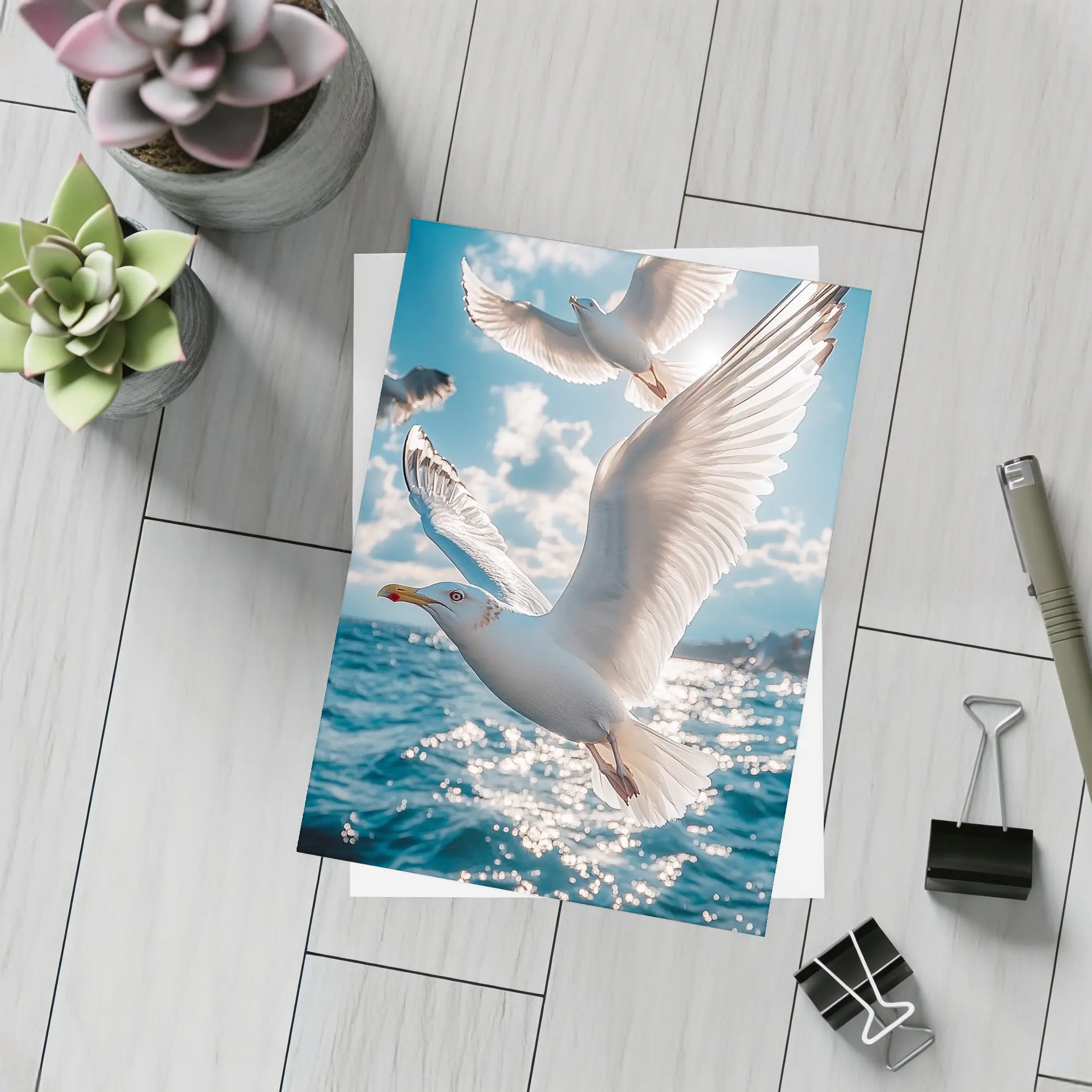 Seagulls Flying Over Sparkling Blue Ocean – Postcards