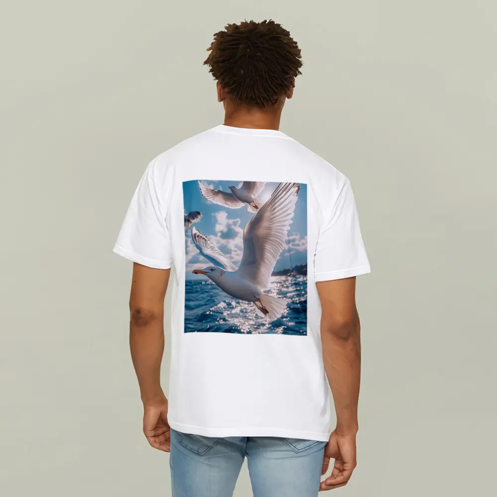 Seagulls Flying Over Sparkling Blue Ocean – T-Shirts