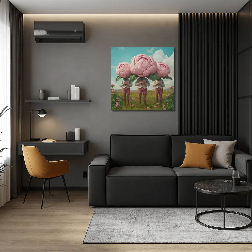 Peony Head Figures Standing in Flower Field – Wall Art