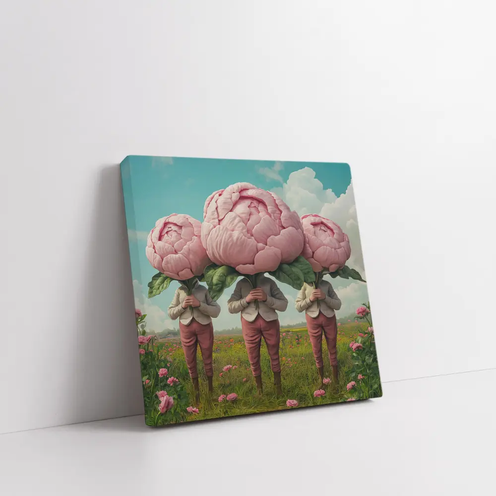 Peony Head Figures Standing in Flower Field – Wall Art