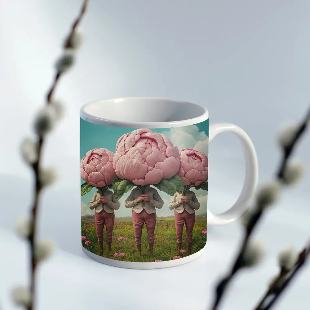 Peony Head Figures Standing in Flower Field – Mugs