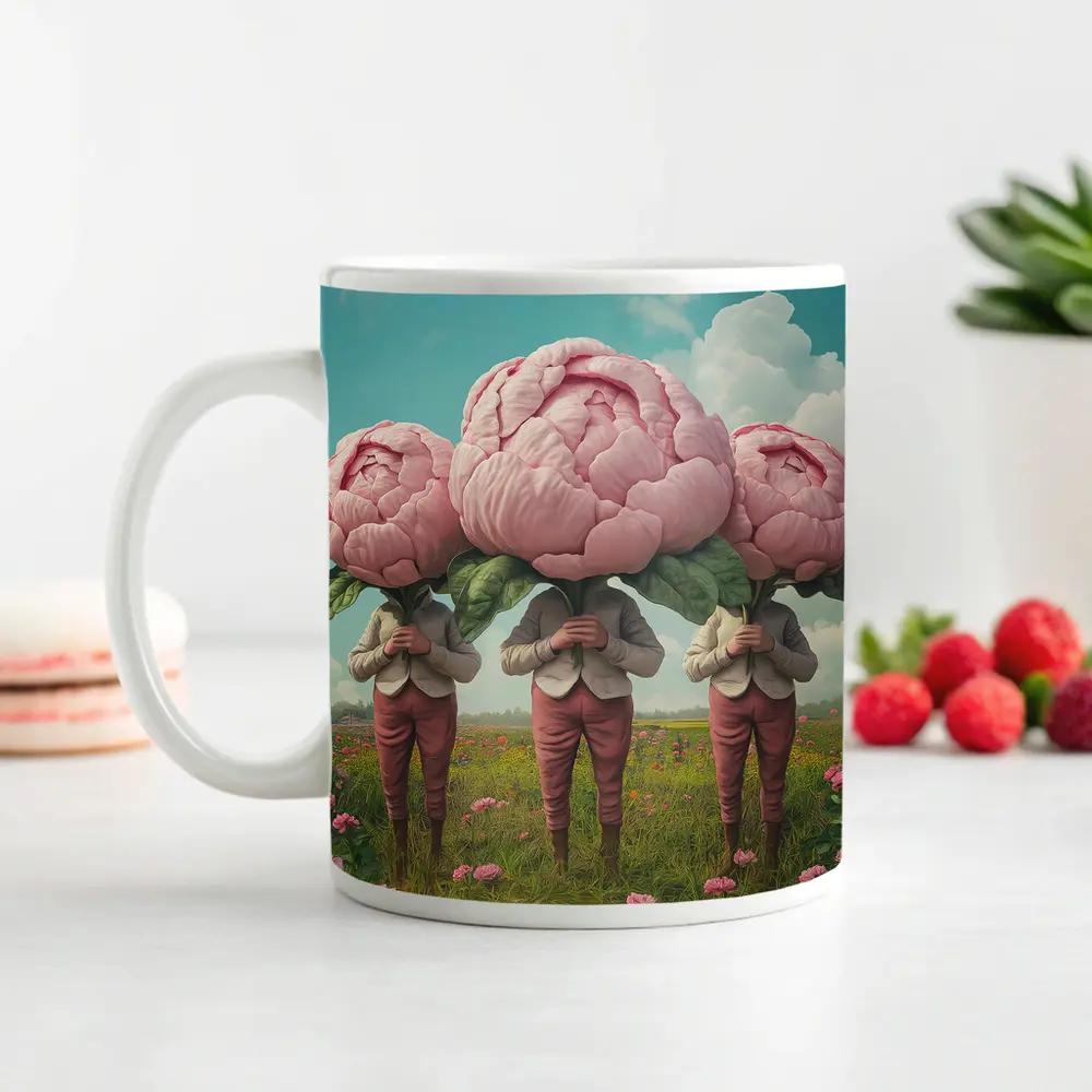 Peony Head Figures Standing in Flower Field – Mugs
