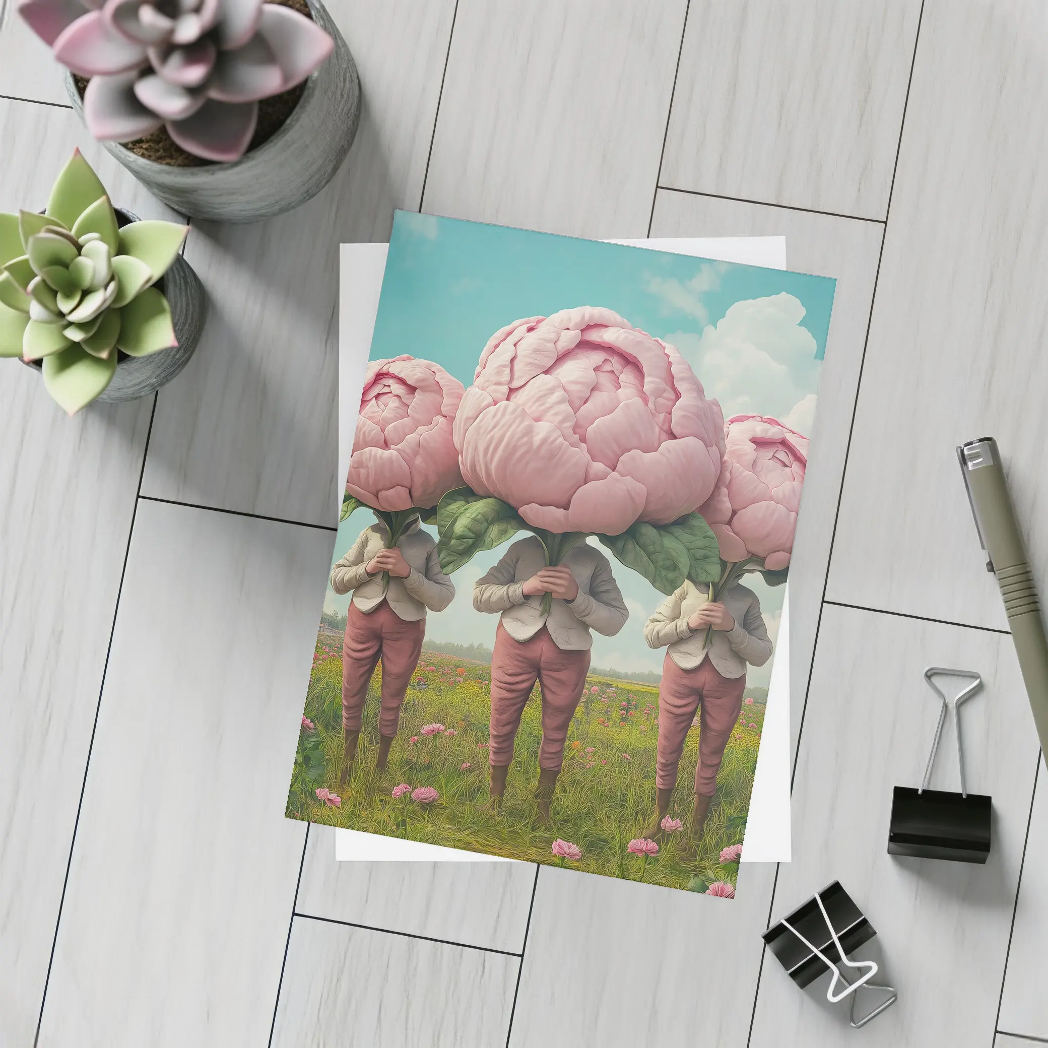 Peony Head Figures Standing in Flower Field – Postcards