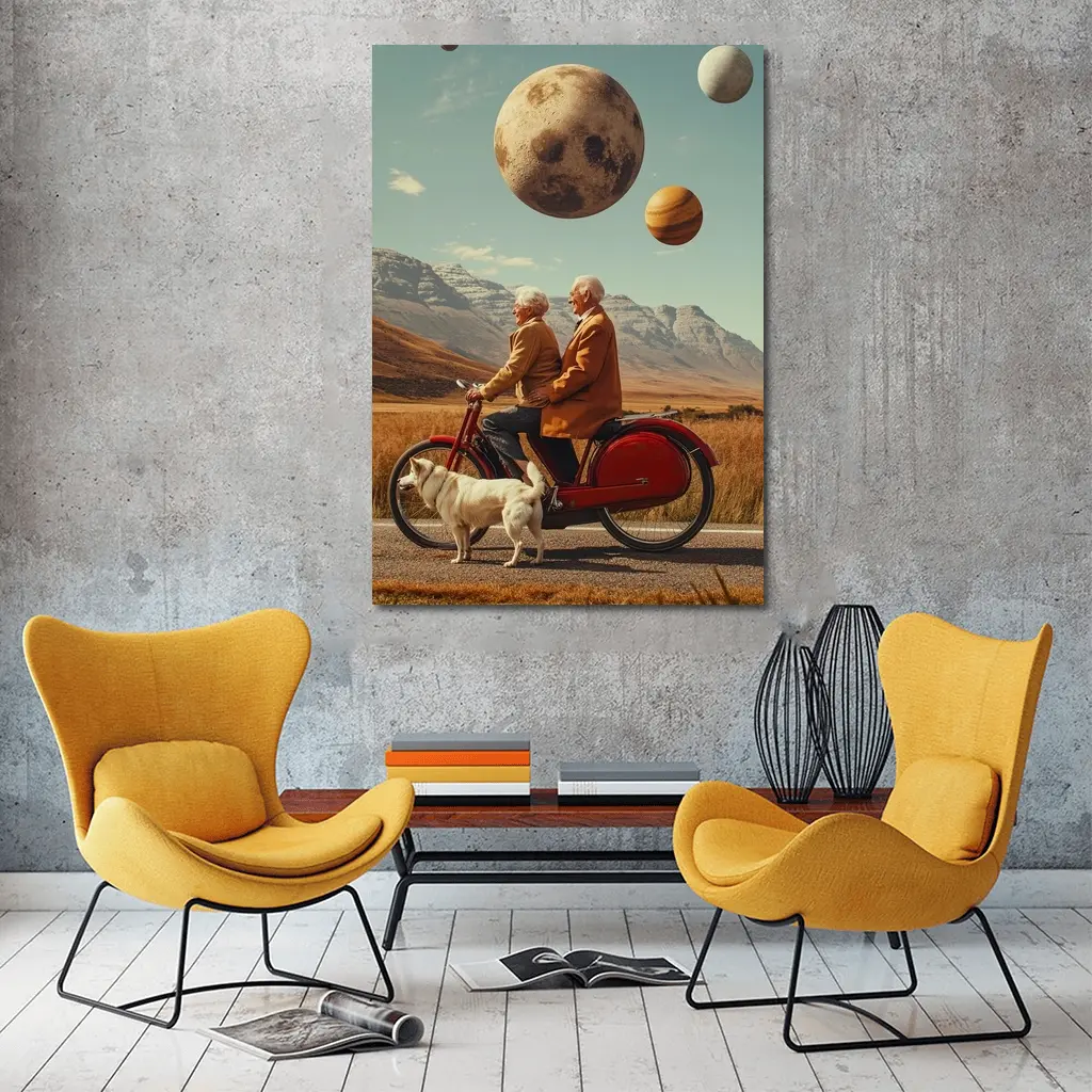 Elderly Couple Riding Bicycle Surreal Planet Sky – Wall Art