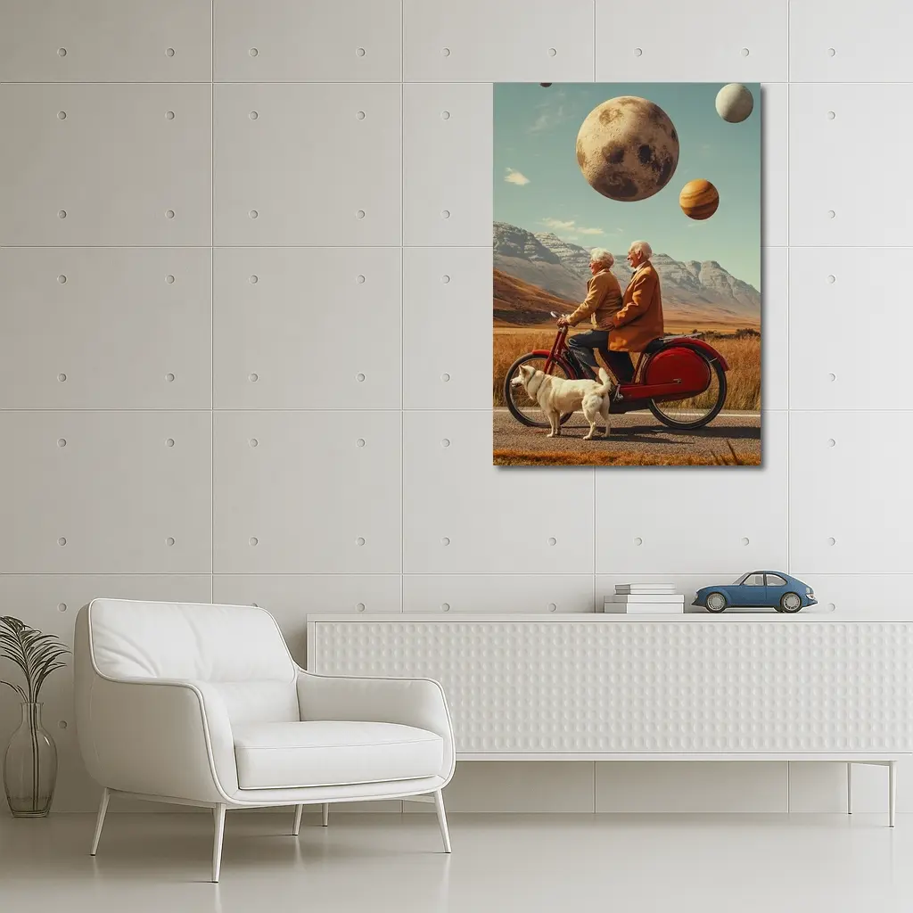 Elderly Couple Riding Bicycle Surreal Planet Sky – Wall Art