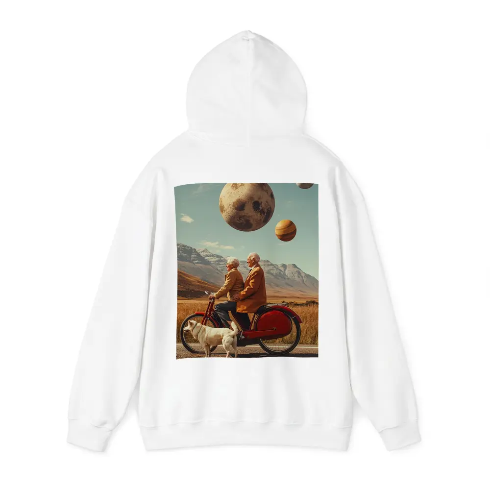 Elderly Couple Riding Bicycle Surreal Planet Sky – Hoodies