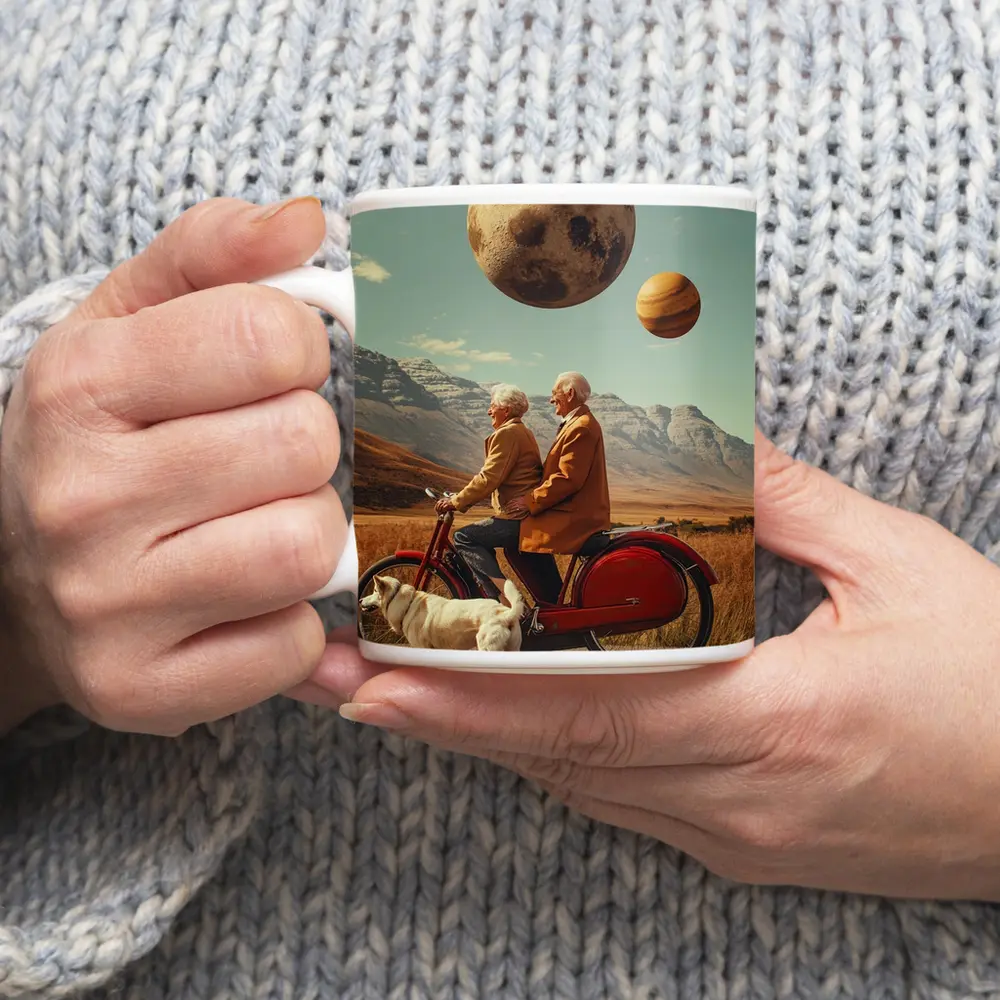 Elderly Couple Riding Bicycle Surreal Planet Sky – Mugs