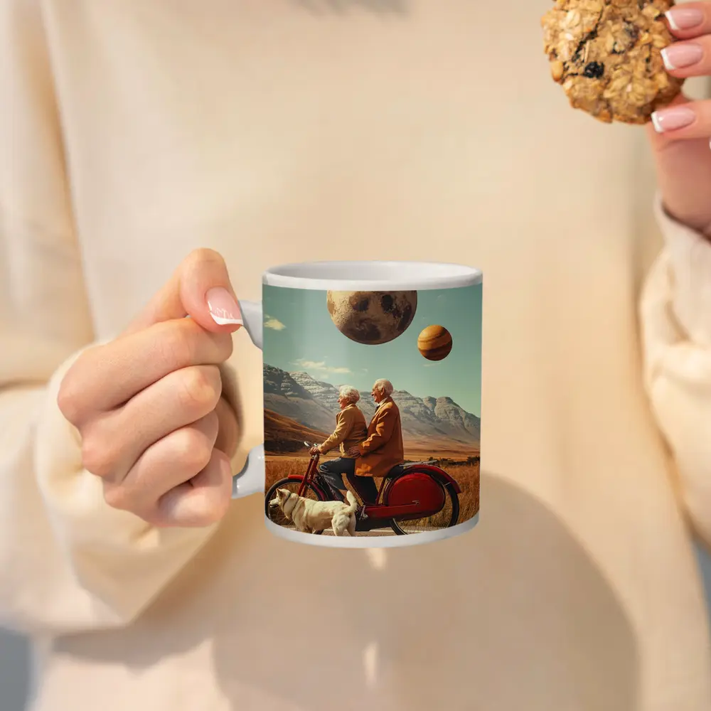 Elderly Couple Riding Bicycle Surreal Planet Sky – Mugs