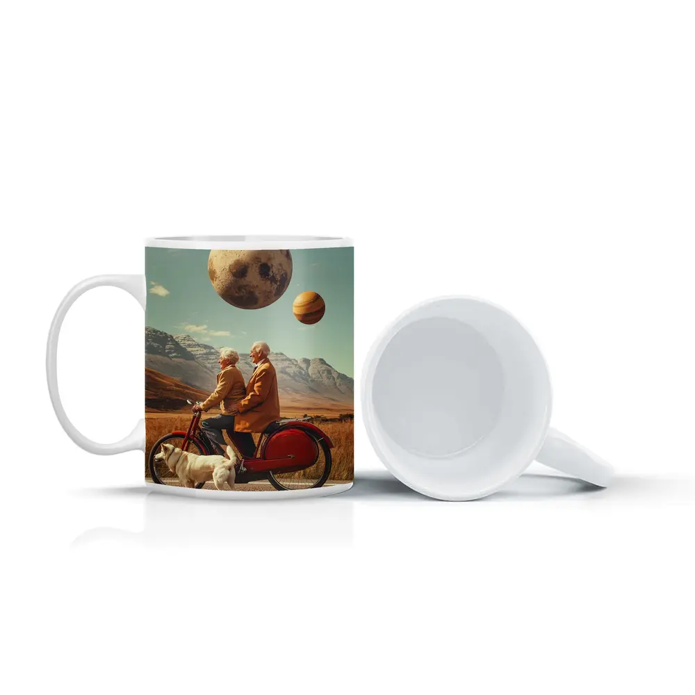 Elderly Couple Riding Bicycle Surreal Planet Sky – Mugs