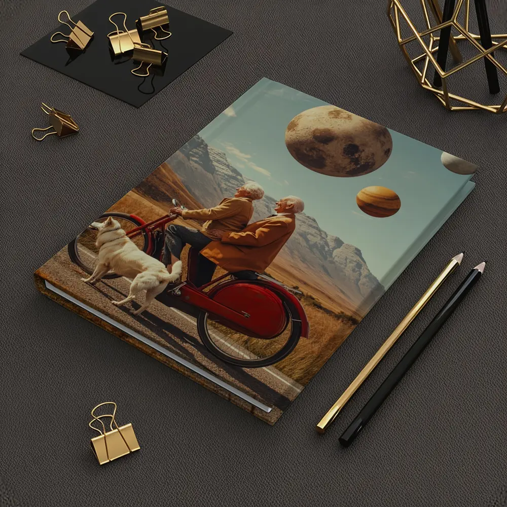Elderly Couple Riding Bicycle Surreal Planet Sky – Notebooks