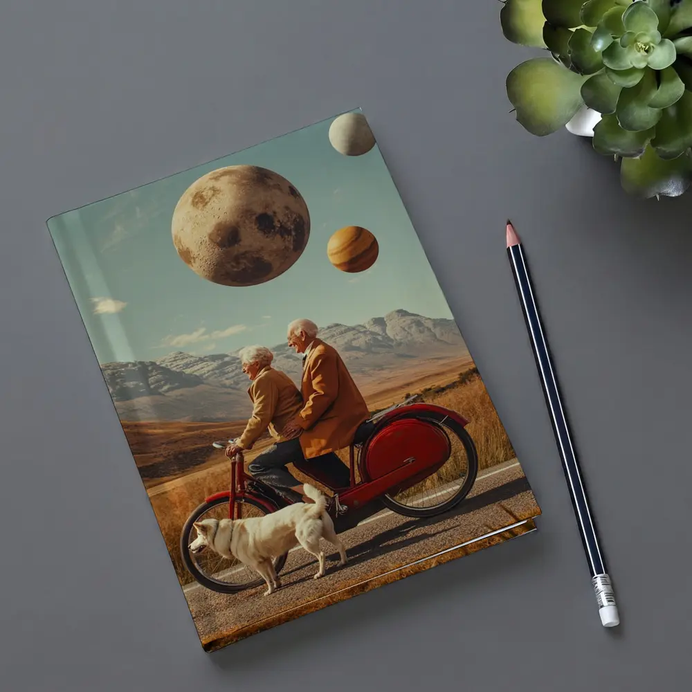 Elderly Couple Riding Bicycle Surreal Planet Sky – Notebooks