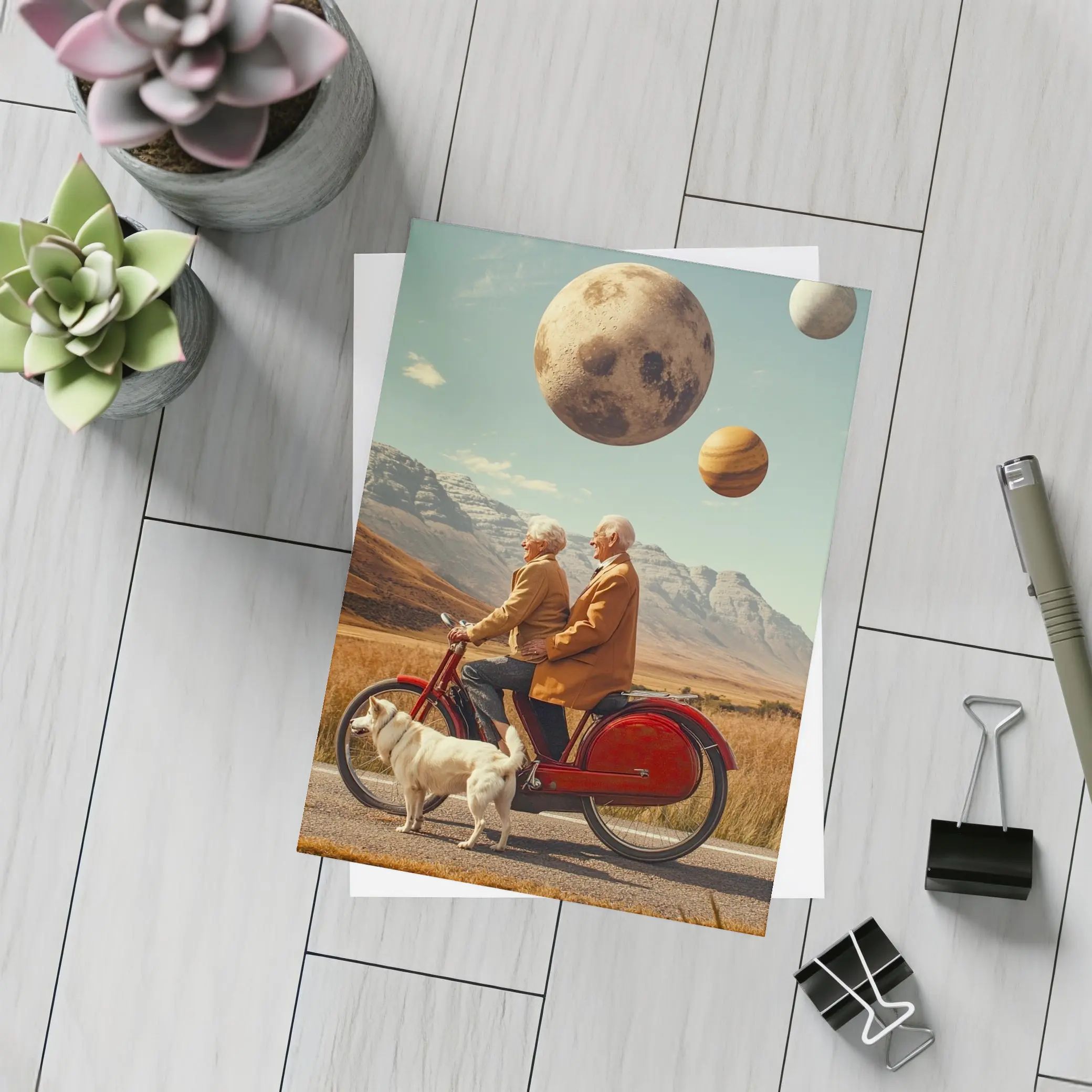 Elderly Couple Riding Bicycle Surreal Planet Sky – Postcards