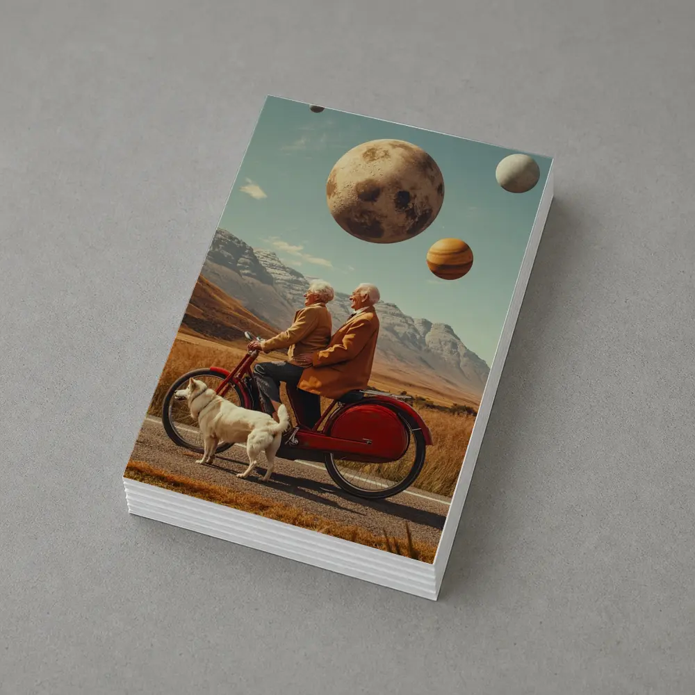 Elderly Couple Riding Bicycle Surreal Planet Sky – Postcards