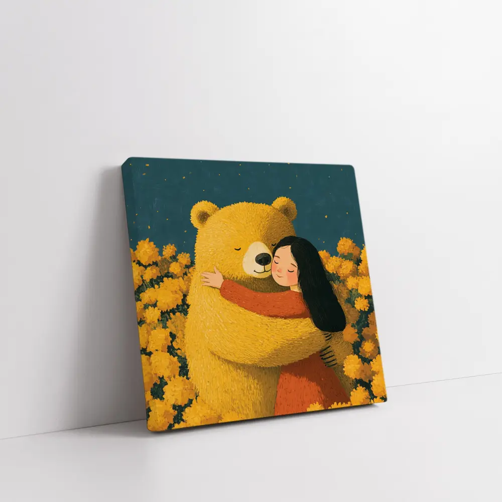 Girl Hugging Bear Yellow Flowers Field – Wall Art