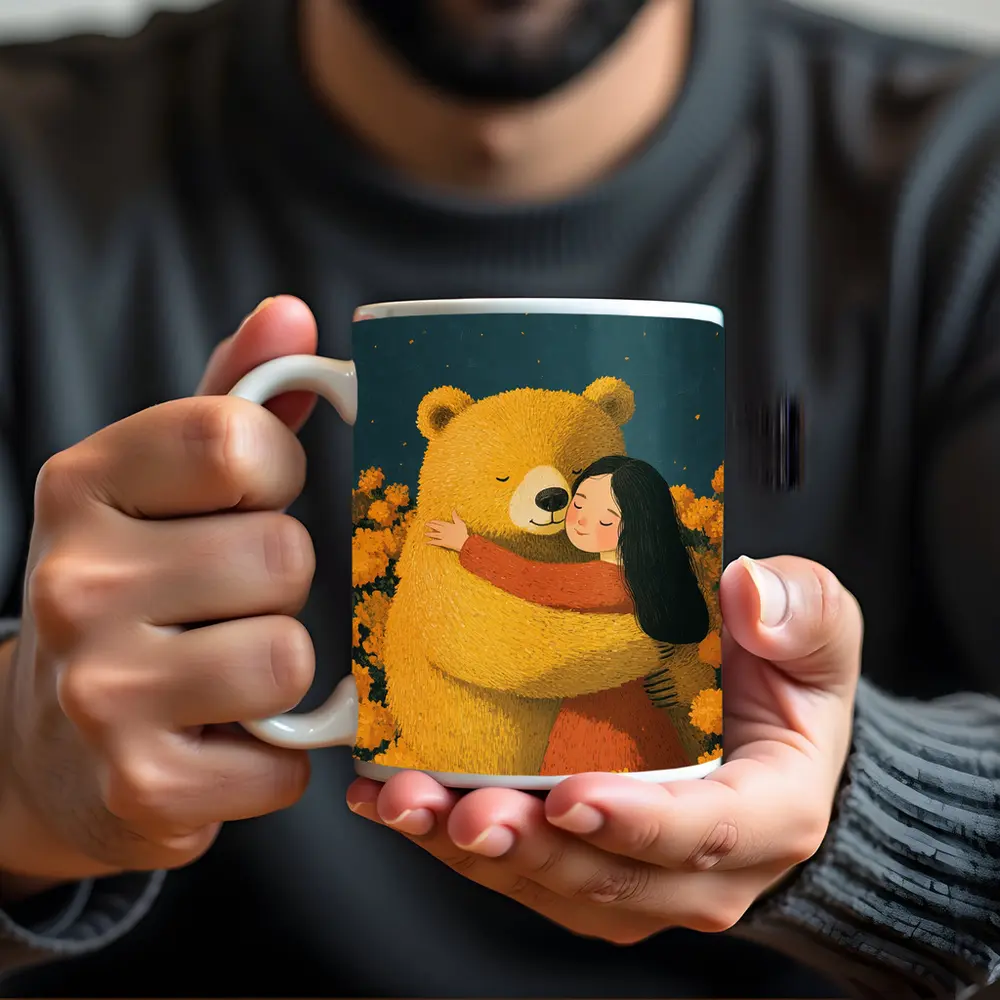 Girl Hugging Bear Yellow Flowers Field – Mugs