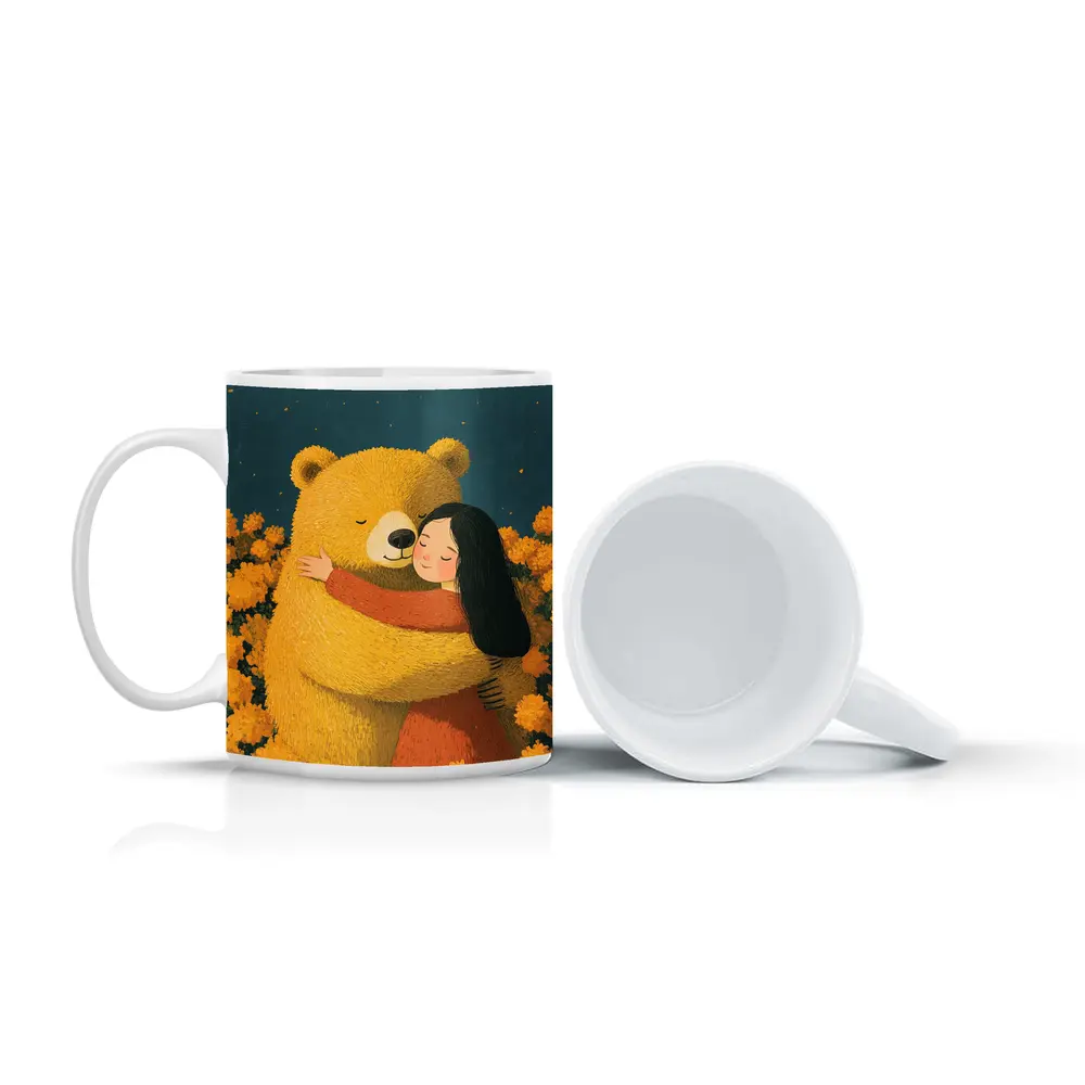 Girl Hugging Bear Yellow Flowers Field – Mugs