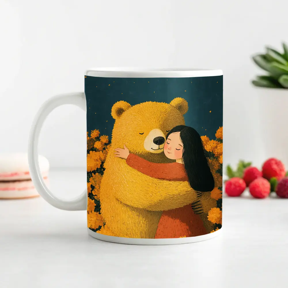 Girl Hugging Bear Yellow Flowers Field – Mugs