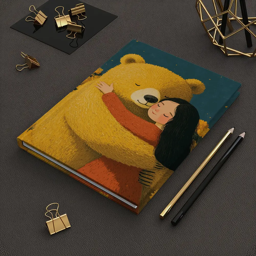 Girl Hugging Bear Yellow Flowers Field – Notebooks
