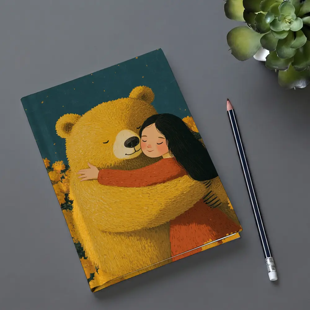 Girl Hugging Bear Yellow Flowers Field – Notebooks