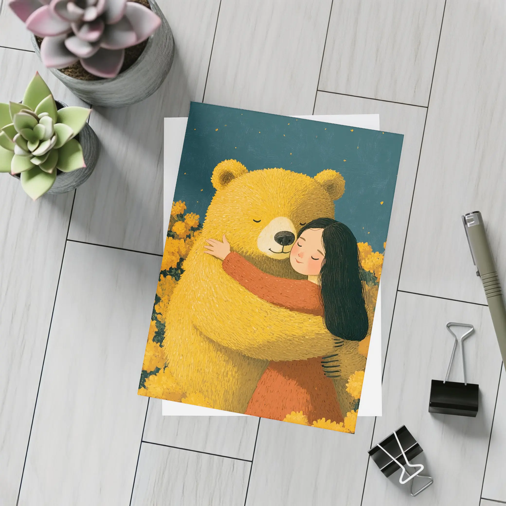 Girl Hugging Bear Yellow Flowers Field – Postcards