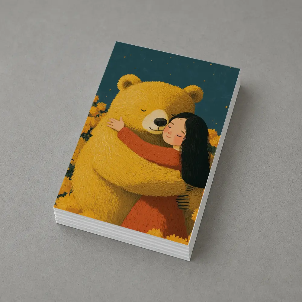 Girl Hugging Bear Yellow Flowers Field – Postcards