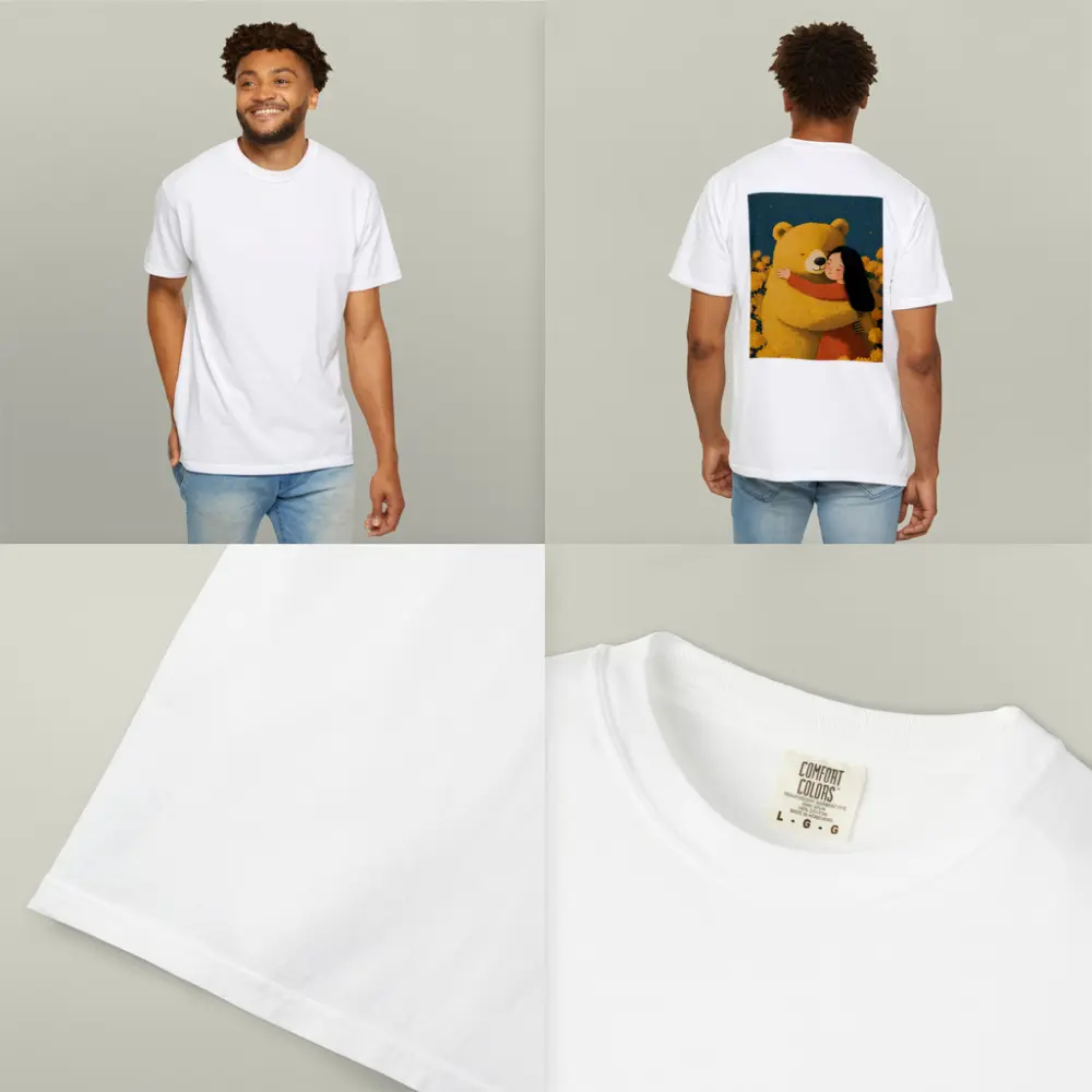 Girl Hugging Bear Yellow Flowers Field – T-Shirts