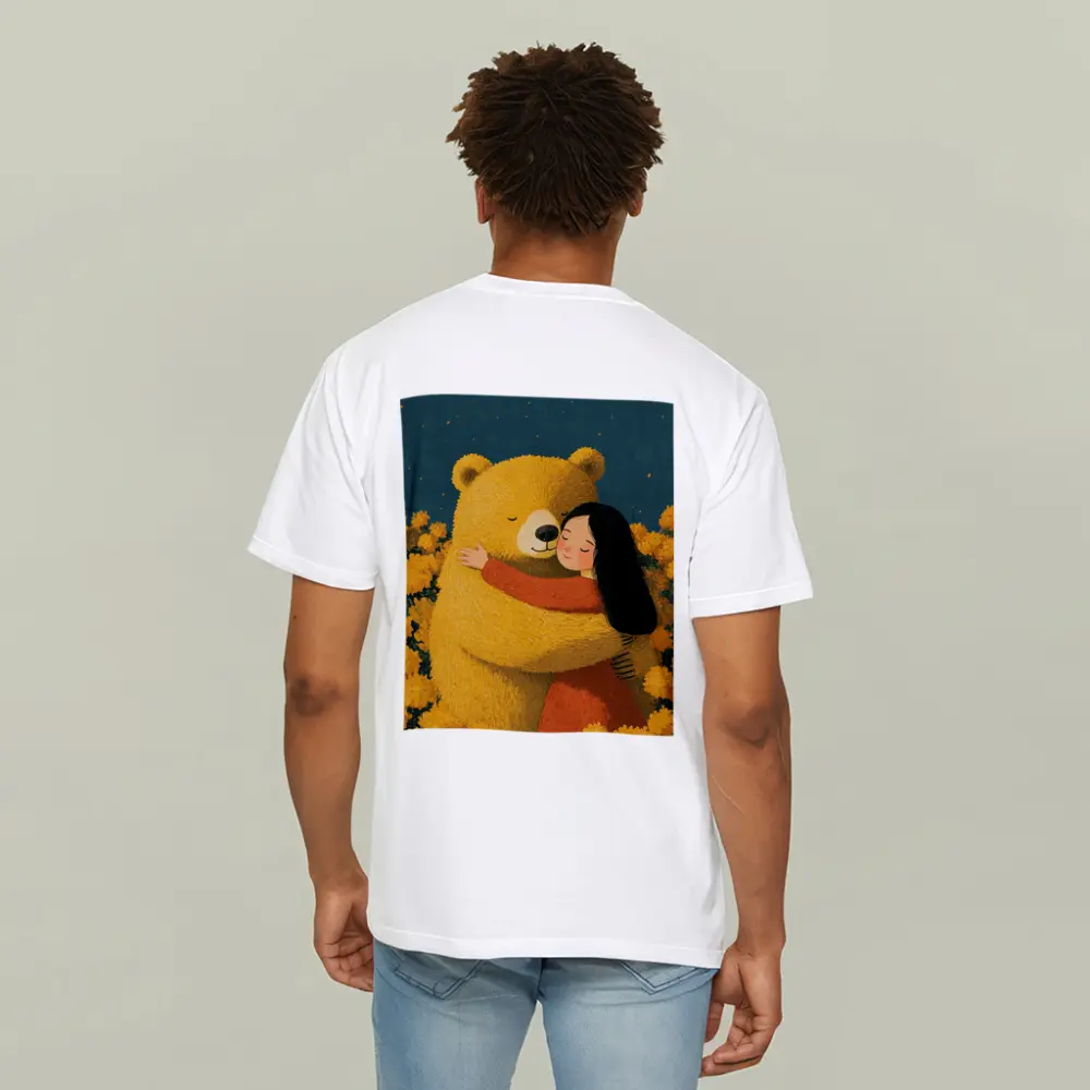 Girl Hugging Bear Yellow Flowers Field – T-Shirts