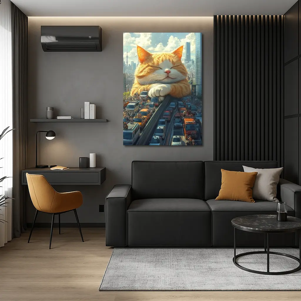 Giant Orange Cat Sleeping Over City Traffic – Wall Art