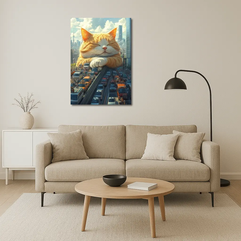 Giant Orange Cat Sleeping Over City Traffic – Wall Art