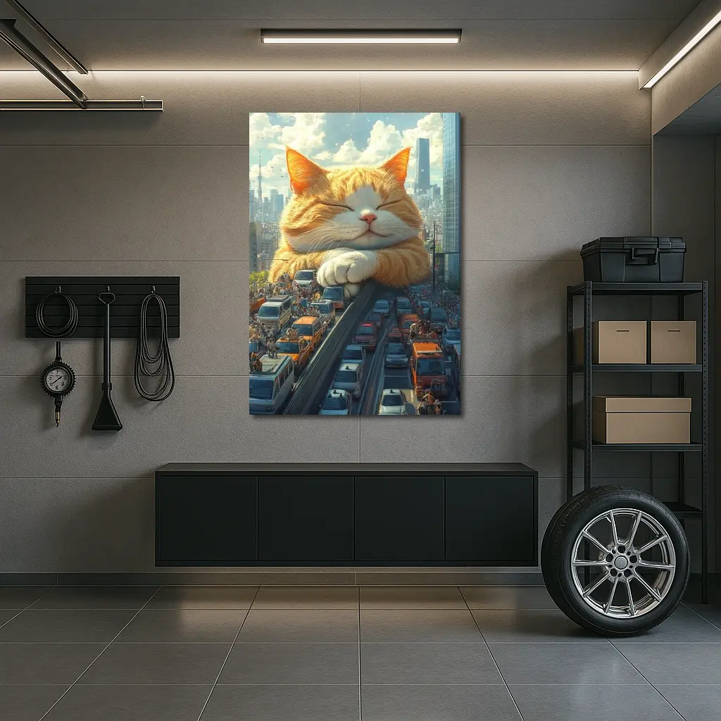 Giant Orange Cat Sleeping Over City Traffic – Wall Art