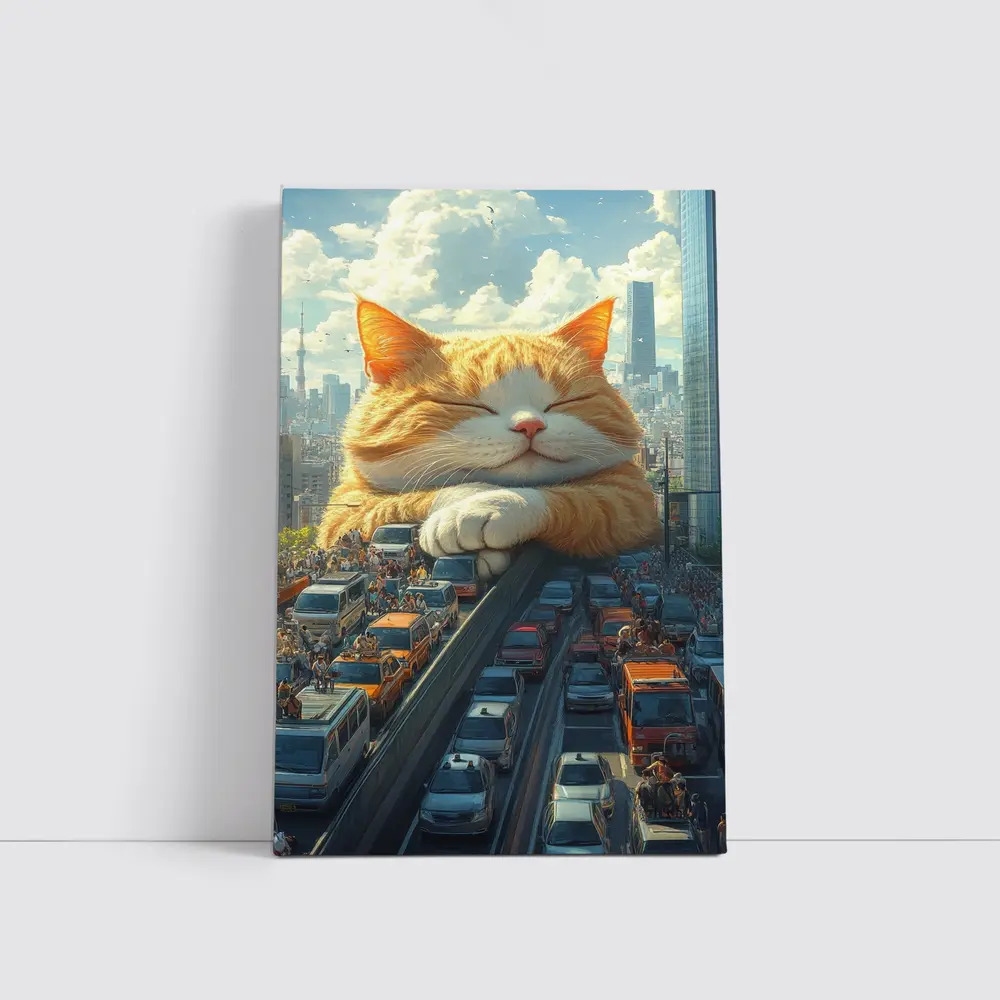 Giant Orange Cat Sleeping Over City Traffic – Wall Art