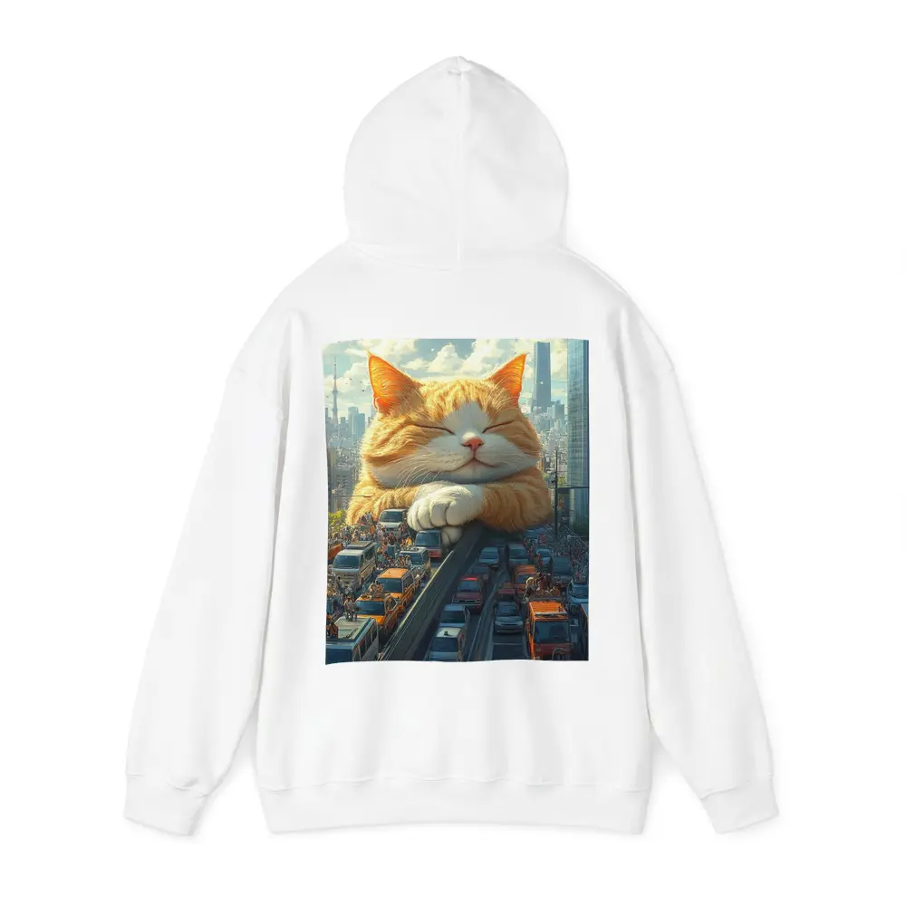Giant Orange Cat Sleeping Over City Traffic – Hoodies