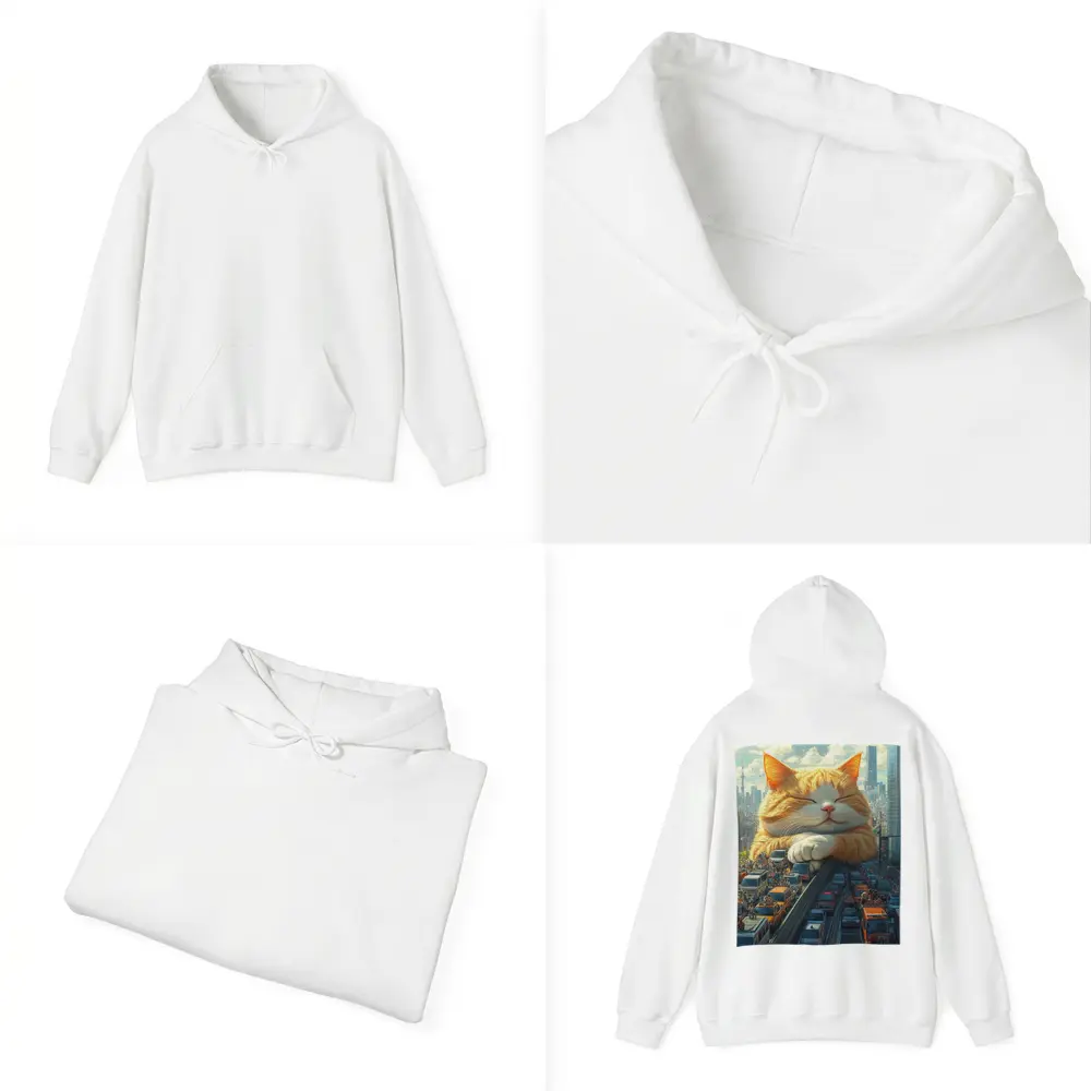 Giant Orange Cat Sleeping Over City Traffic – Hoodies