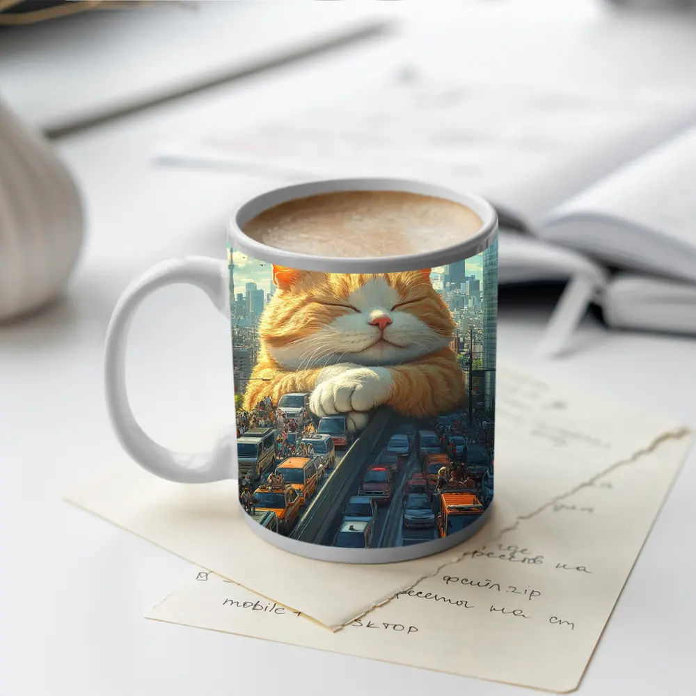 Giant Orange Cat Sleeping Over City Traffic – Mugs