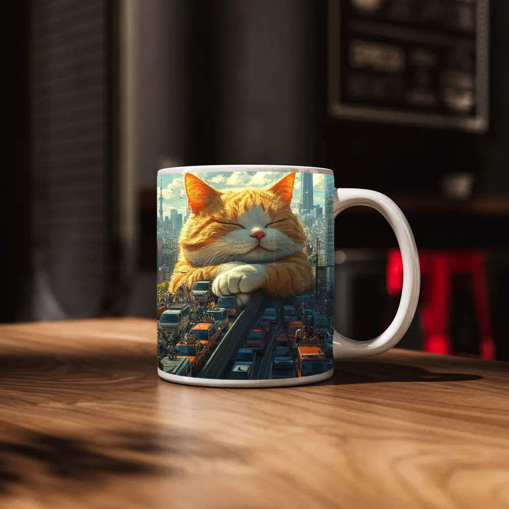 Giant Orange Cat Sleeping Over City Traffic – Mugs