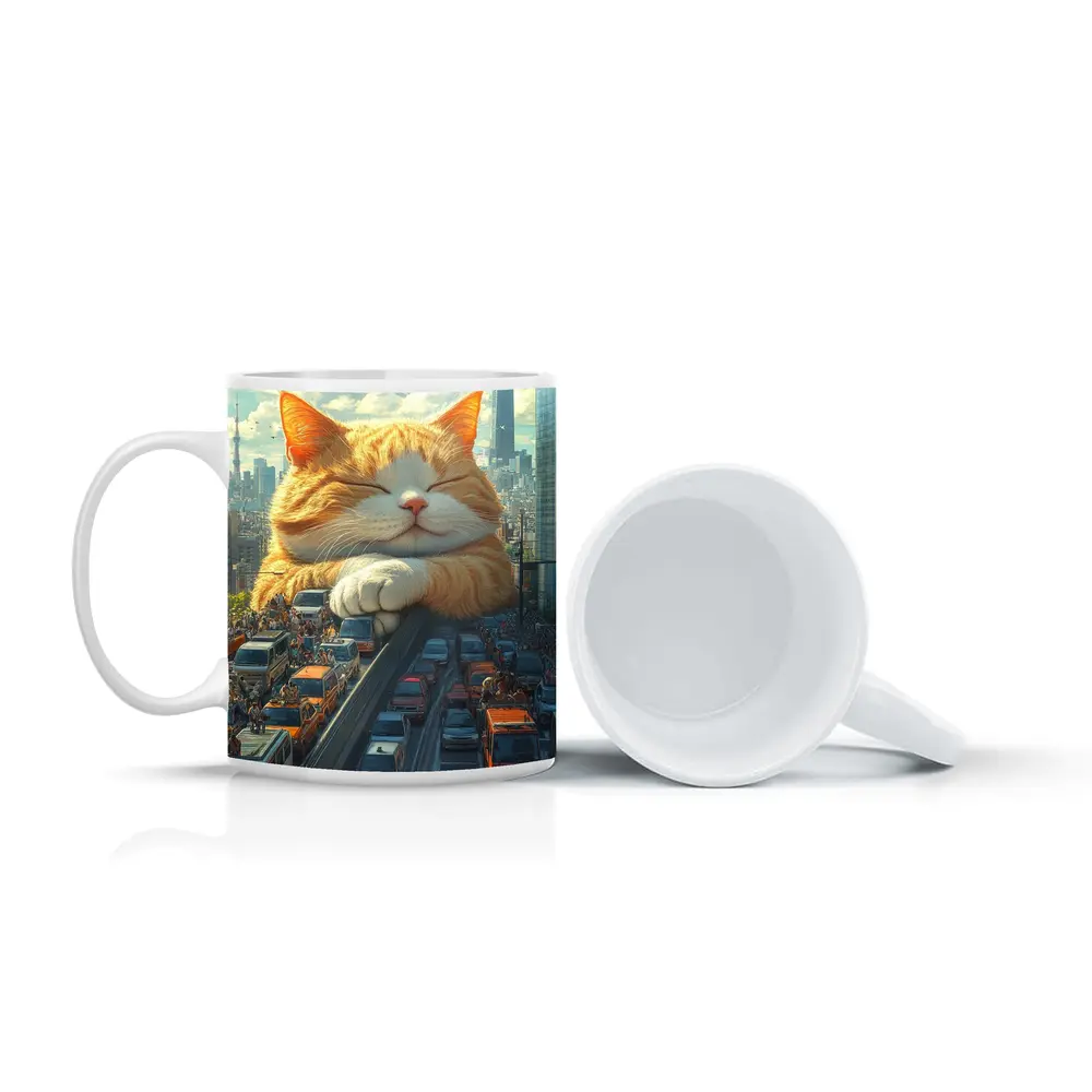 Giant Orange Cat Sleeping Over City Traffic – Mugs
