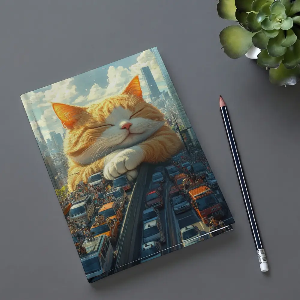 Giant Orange Cat Sleeping Over City Traffic – Notebooks