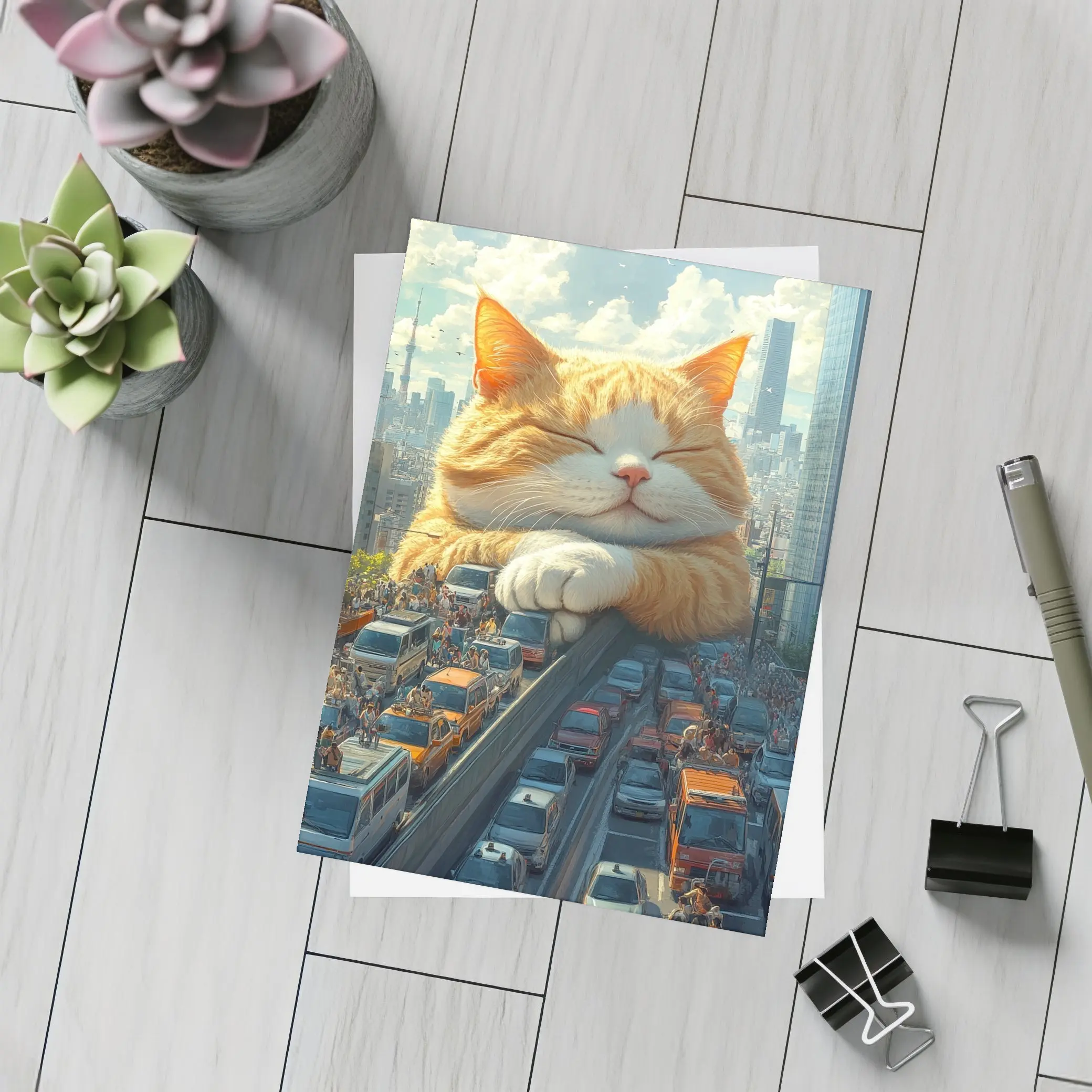 Giant Orange Cat Sleeping Over City Traffic – Postcards