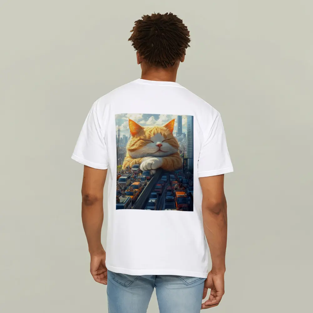Giant Orange Cat Sleeping Over City Traffic – T-Shirts