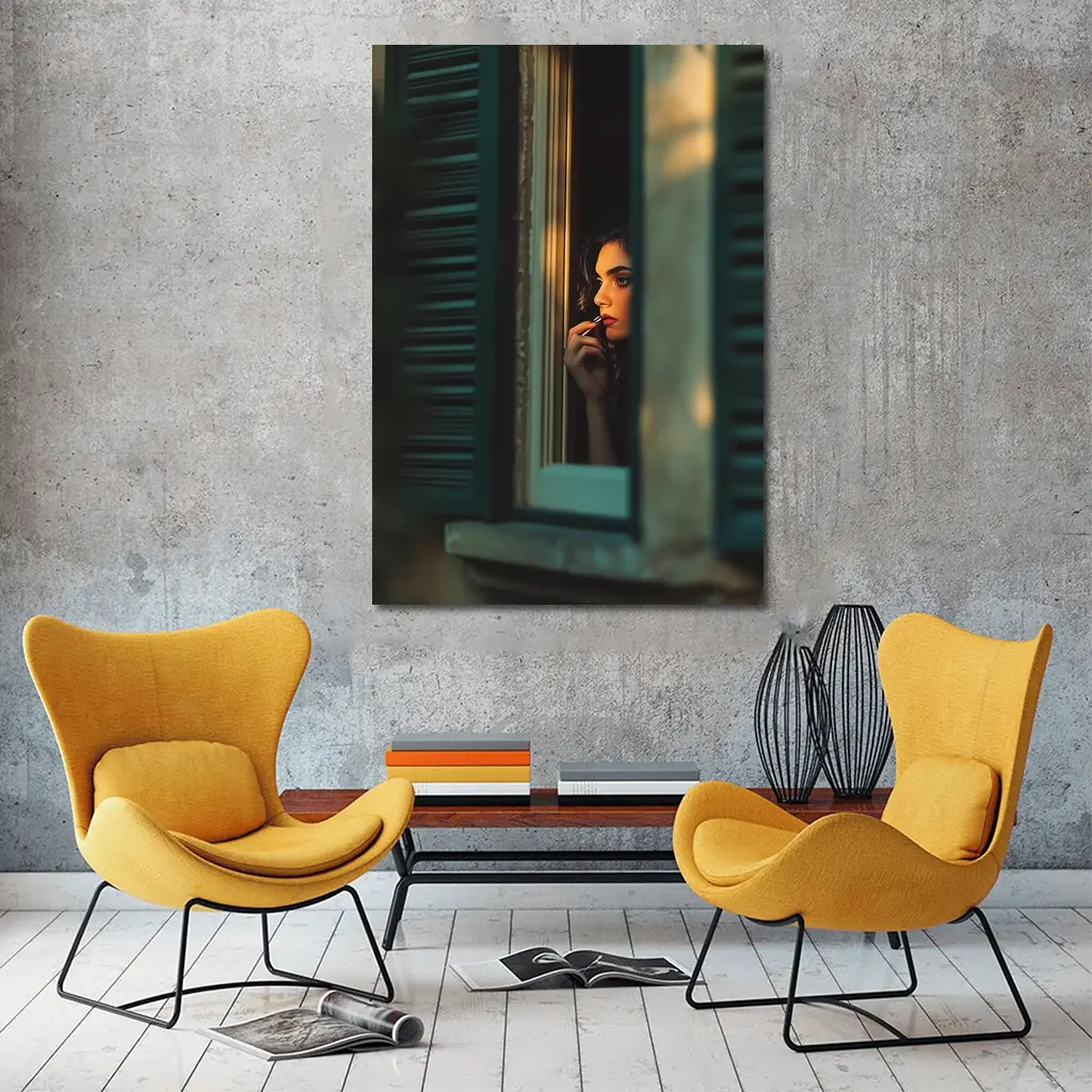 Woman Applying Lipstick By Teal Window – Wall Art