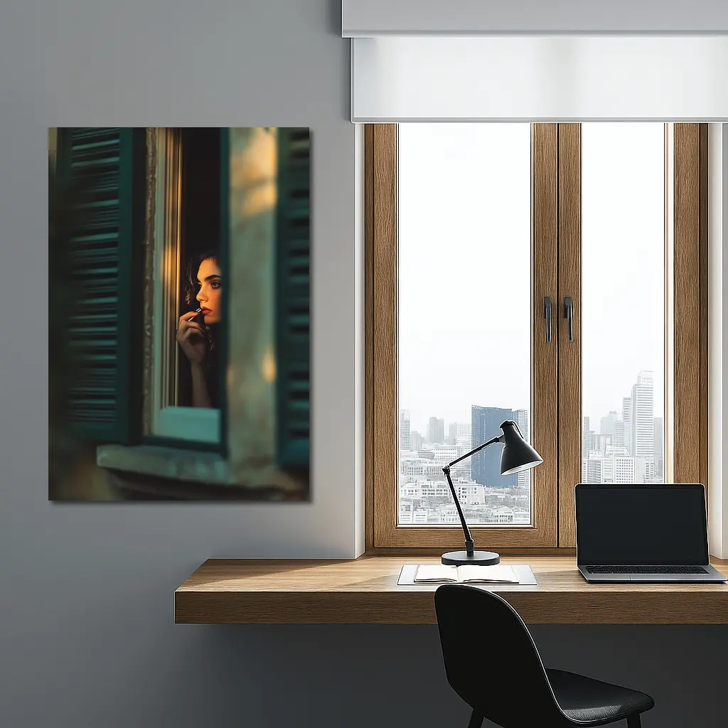 Woman Applying Lipstick By Teal Window – Wall Art