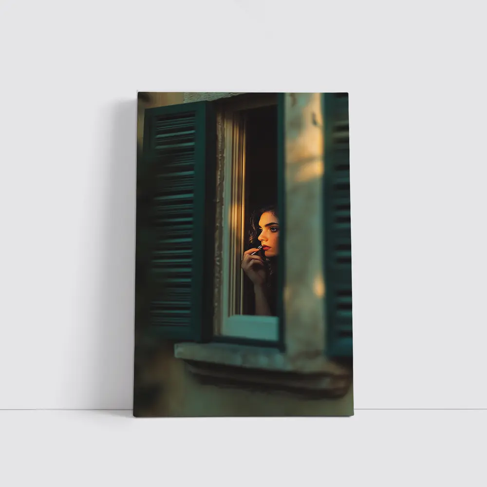 Woman Applying Lipstick By Teal Window – Wall Art