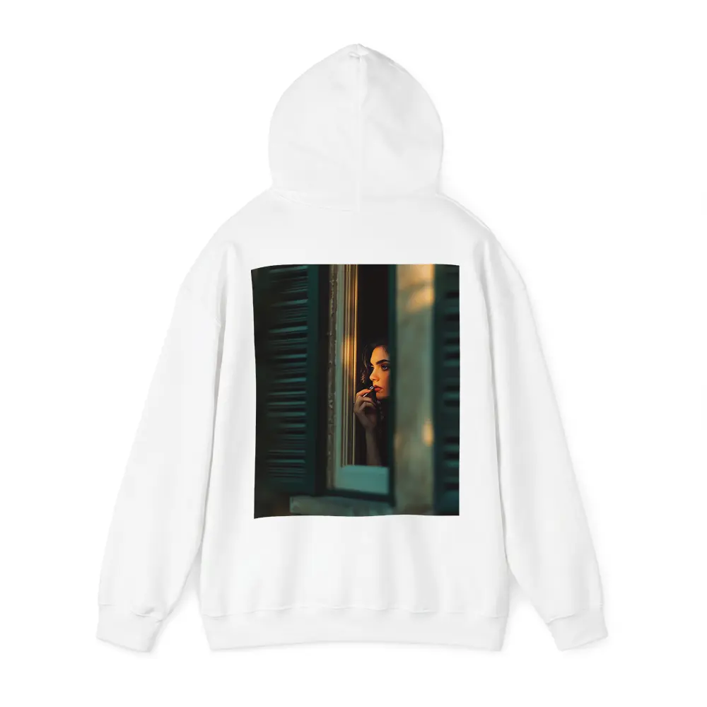 Woman Applying Lipstick By Teal Window – Hoodies