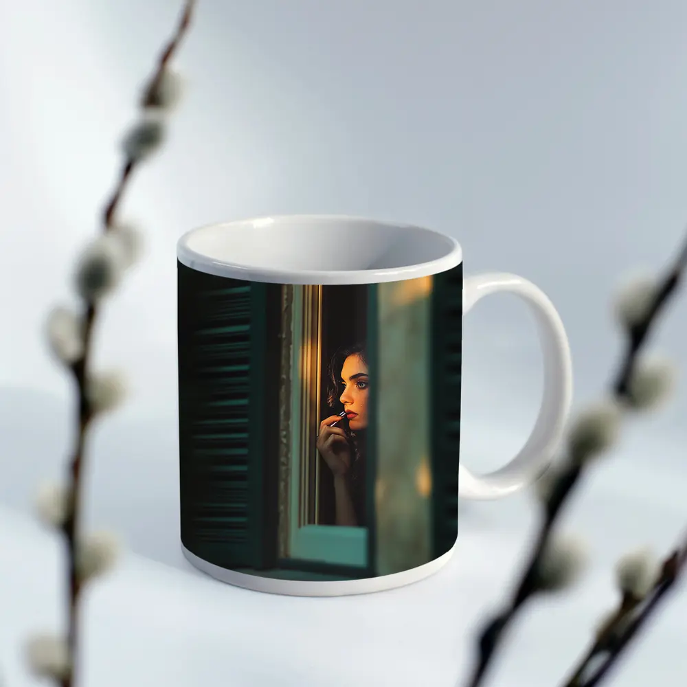Woman Applying Lipstick By Teal Window – Mugs