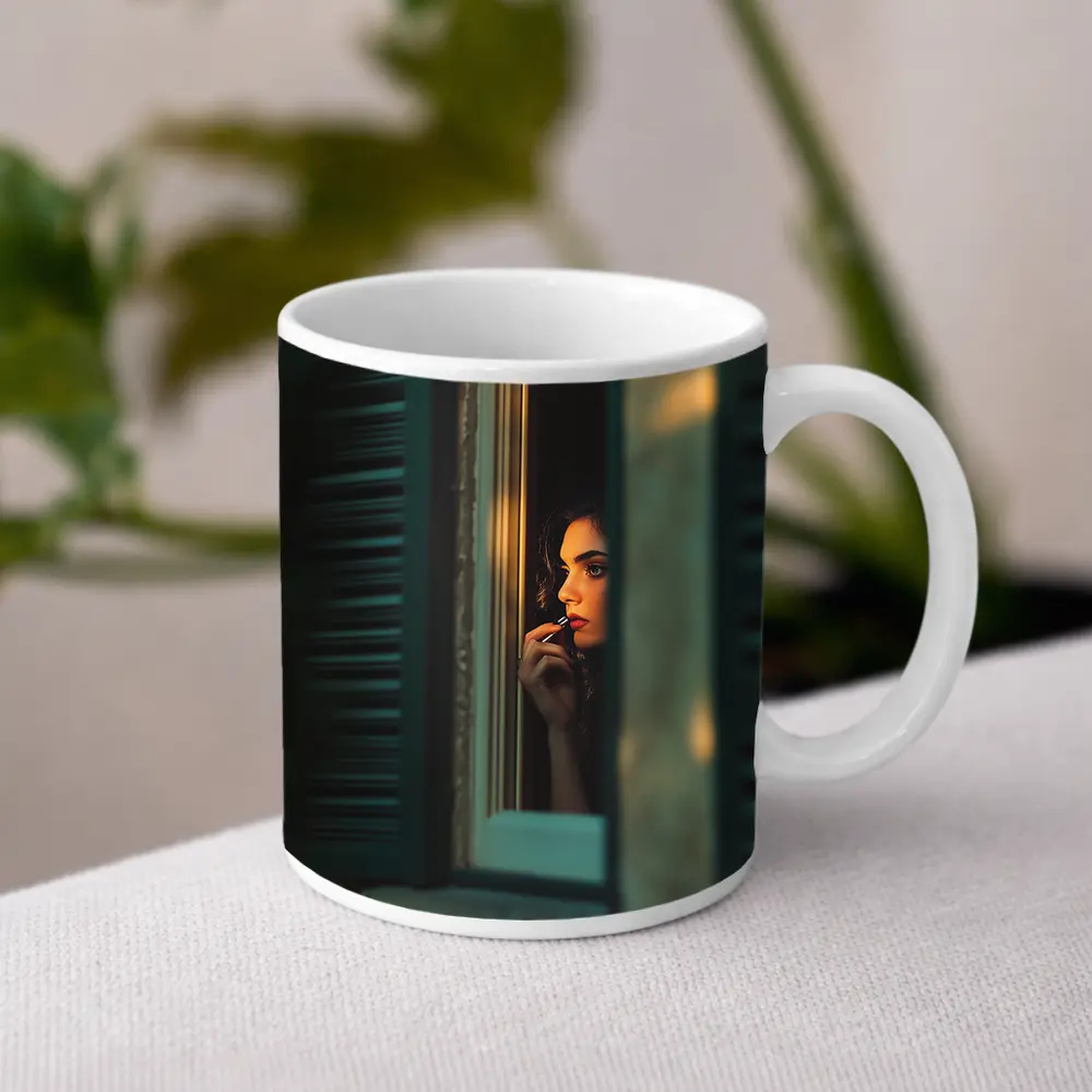 Woman Applying Lipstick By Teal Window – Mugs