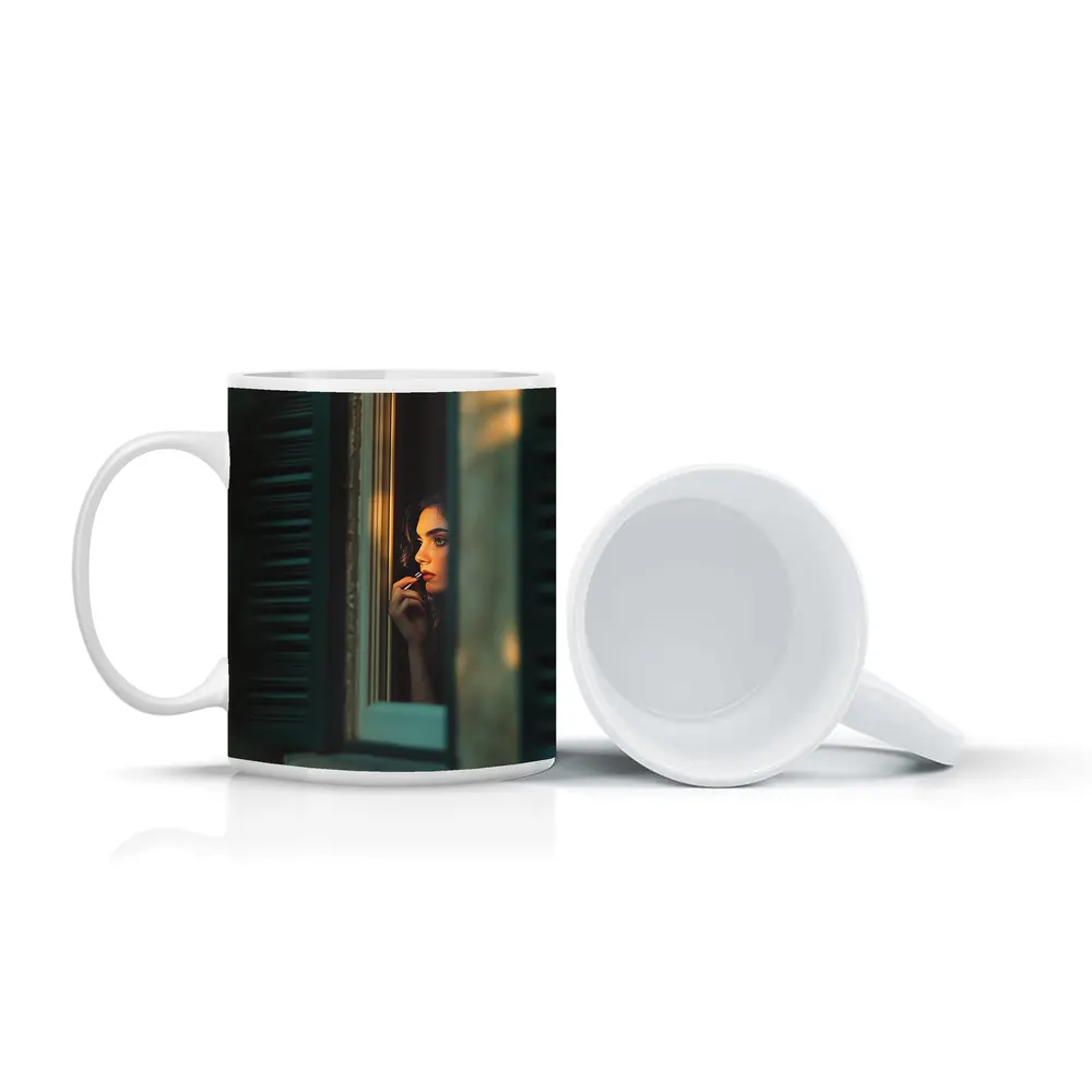 Woman Applying Lipstick By Teal Window – Mugs