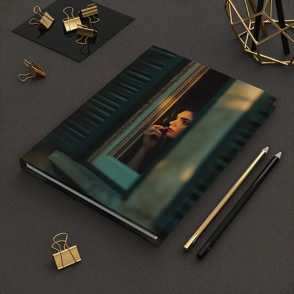 Woman Applying Lipstick By Teal Window – Notebooks